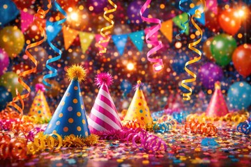 Obraz premium Bright carnival scene featuring streamers and party hats in a vibrant backdrop