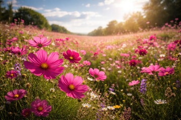Obraz premium Natural wildflower meadow featuring vibrant magenta blooms beneath a bright sky