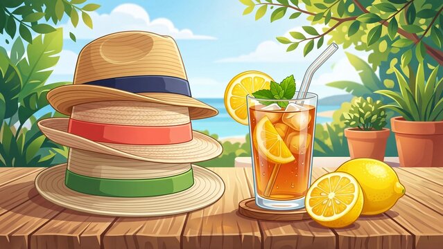 Stack of colorful straw hats beside iced tea with lemon and mint on wooden table. Tropical beach scene with green plants and blue ocean background. Summer vacation relaxation and outdoor refreshment