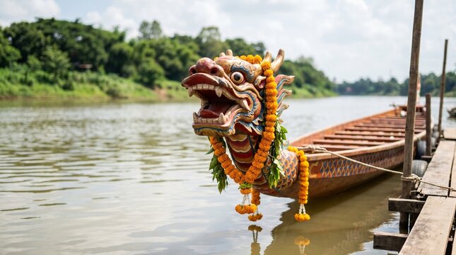 Carved wooden dragon head on a vessel in a traditional style, in red and gold colors, representing the Dragon Boat Festival
