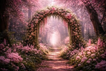 Naklejka premium Elegant flower gateway surrounded by pink fantasy woodland for an enchanted journey