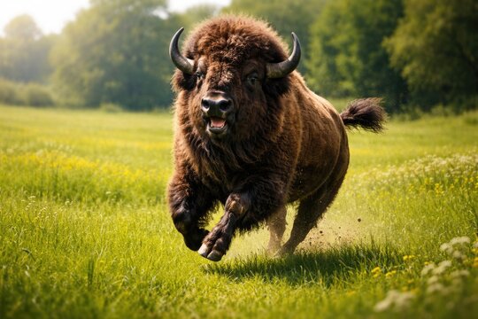 Joyful pet bison running across a vibrant green grass field full length view during a bright summer day