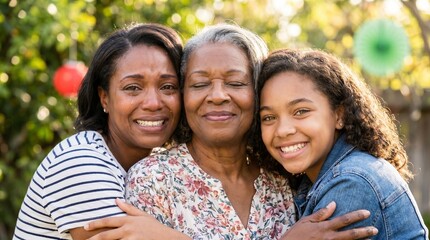 Naklejka premium Family of three Black women with a loving mood sharing a generational hug for Juneteenth against a sunny outdoor background