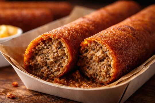 Macro shot of a popular Dutch snack frikandel with minced meat