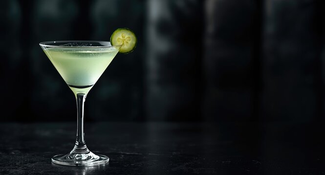 Smooth cucumber martini in stylish glass with green garnish and leave space for your message