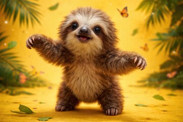 Fototapeta premium Curious baby sloth poses on back legs against a lively yellow background with animal playfulness