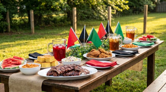 Wooden picnic table filled with southern food in an authentic style, in red and green tones, representing Juneteenth celebration feast with copy space