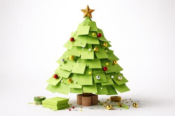 Obraz premium Innovative holiday tree made from green sticky notes on a plain white backdrop