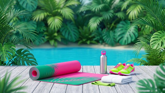 Yoga mat unrolled on wooden dock beside swimming pool. Tropical plants and poolside gear including towel sneakers and water bottle. Wellness fitness and relaxation concept in resort setting