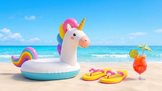 Inflatable unicorn float on sandy beach with tropical cocktail and flip flops. Summer vacation relaxation and seaside fun concept. Beach accessories for holiday leisure