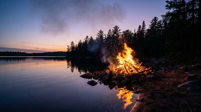 Burning campfire on a lake shore in a cinematic style, in orange and blue colors, representing the midsummer holiday concept with copy space