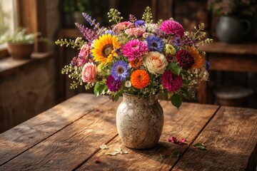 Fototapeta premium rustic wooden tabletop adorned with a multicolored bouquet vase centerpiece