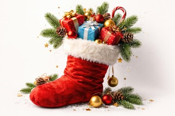 Obraz premium Festive holiday stocking filled with vibrant gifts and fir sprigs on a pristine white backdrop