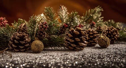 Obraz premium Winter Noel holiday decoration with glittering snow and pinecones on a warm backdrop