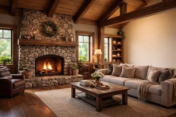 Obraz premium Spacious living room scene with rustic river rock fireplace and copyspace area