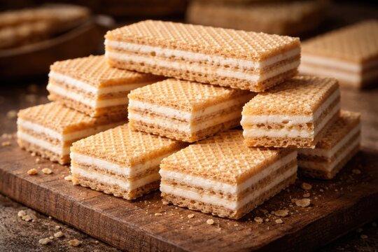 Stack of crispy wafer biscuits filled with soft white cream