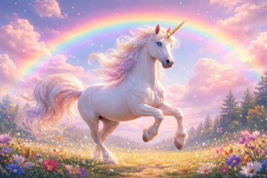 Happy unicorn frolicking beneath a dreamy pastel sky and colorful rainbow