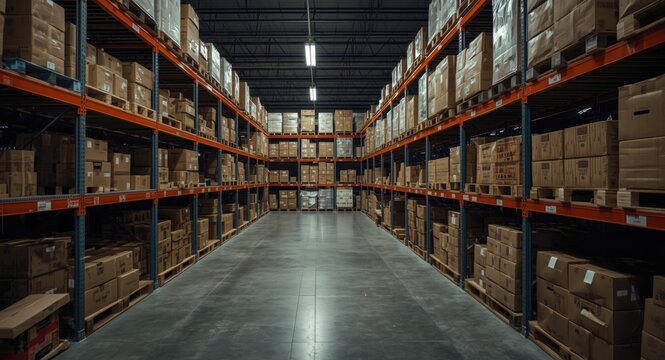 Warehouse food storage area with systematic box arrangement