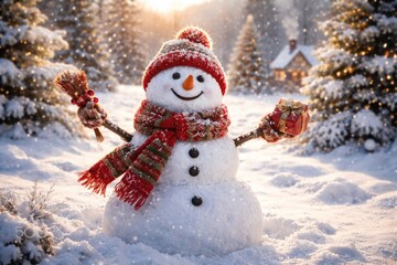 Obraz premium Whimsical winter scene with a merry snowman spreading holiday cheer on a bright snowy field