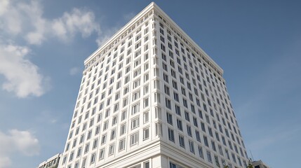 Naklejka premium Tall white office building with many windows reaching towards a clear blue summer sky