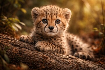 Obraz premium Cute baby cheetah with expressive eyes resting on fallen timber in natural setting