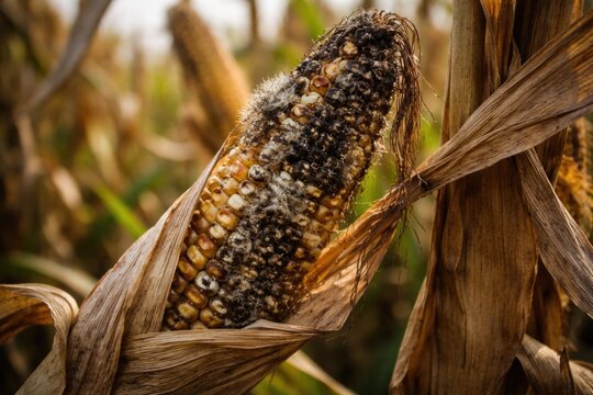 Agricultural scene featuring diseased corn cob with visible damage and blurred natural background