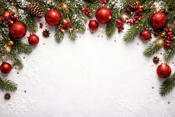 Obraz premium Holiday spirit captured in overhead view of red baubles and evergreen sprigs on white background with copy space