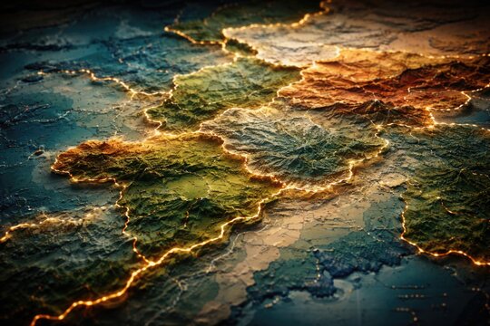 Abstract layered cartographic design featuring highlighted territorial lines