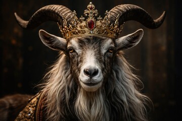 Fototapeta premium Regal goat with ornate crown representing royal leadership and strength
