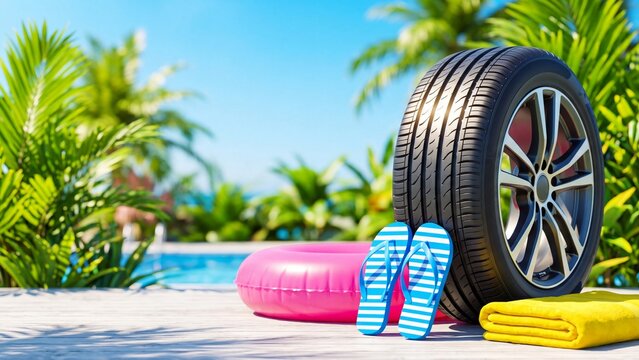 Car tire beside pink inflatable ring, blue flip flops and yellow towel on wooden pool deck. Tropical palms and blue swimming pool in background. Summer vacation road trip essentials concept