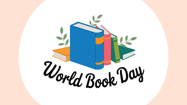 world book day illustration with stacked colorful books and decorative leaves minimal modern design with script typography on soft background educational reading concept vector style 