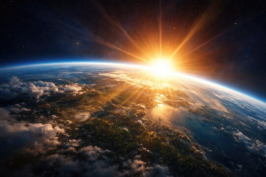 Early morning Earth scene illuminated by sun rays and light flare