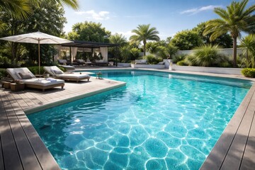 Fototapeta premium Relaxing swimming pool scene with transparent azure liquid and modern composite deck surroundings