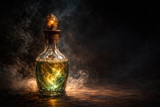 Vintage magical elixir in glass container surrounded by dark smoky background and highlighted empty space
