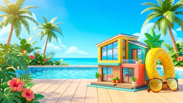 Colorful modern house model on wooden deck beside swimming pool. Tropical vacation paradise with palm trees pineapple float sunglasses hibiscus flowers and monstera leaves. Vibrant summer resort