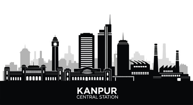 Black silhouette of Kanpur cityscape with Central Station in a simple graphic illustration against a white background.