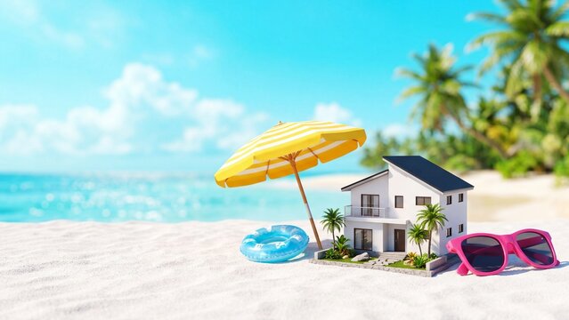 Miniature white beach house on sandy shore with yellow umbrella blue ring and pink sunglasses. Tropical vacation property model surrounded by palms. Summer getaway and real estate concept