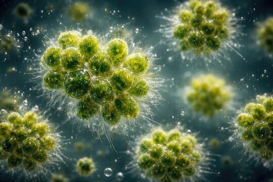 Microscopic view of live Botryococcus sp microalgae at 1200 times magnification