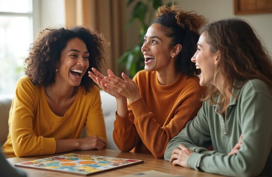 Three diverse women friends laughing heartily playing board game indoors. People enjoying leisure time together at home, sharing happy moments, fun with tabletop activity, showing friendship.