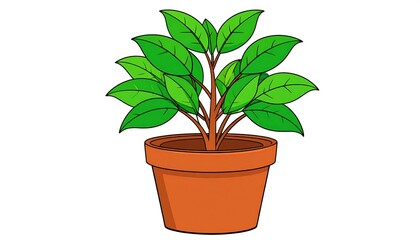 Fototapeta premium A vibrant illustration depicts a leafy green plant flourishing in a terracotta pot, a simple cartoon-style rendering against a white backdrop