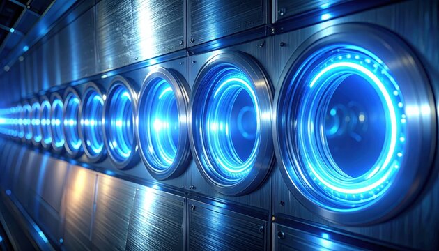Close up macro view of glowing blue superconducting loops within a futuristic quantum computing system
