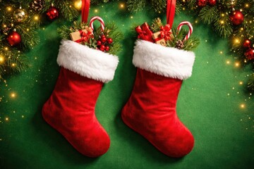 Obraz premium Festive red Christmas stockings with white fur cuffs on vibrant green background for holiday decor