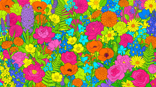 Vibrant psychedelic floral pattern in a retro 70s hippie style. Seamless vector illustration for background, fabric, or wallpaper.