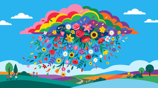 Colorful cloud raining flowers over a fantasy landscape. This vibrant flat vector illustration symbolizes joy, abundance, spring, creativity, and new beginnings.