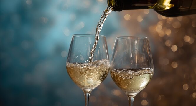 Pair of white wine glasses getting wine poured from bottle close up with copy space on an ethereal blue and brown background