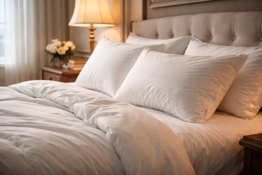Comfortable bed with pristine white pillows in a tranquil bedroom setting exuding elegance