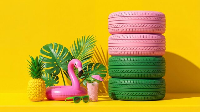Surreal tropical pineapple flamingo float and cocktail with stacked colorful tires on yellow background. Whimsical summer beach automotive fusion concept for creative advertising and design