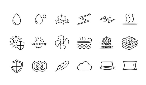 Fabric feature outline icon set vector textile material properties