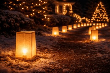 Obraz premium Traditional Christmas Eve luminarias arranged neatly with copy space