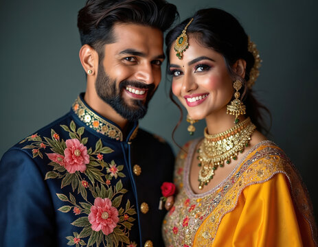 Indian man and woman wear traditional clothes, smiling happily together. Their rich attire features floral embroidery and gold jewelry. Couple celebrates cultural heritage with love and elegance.